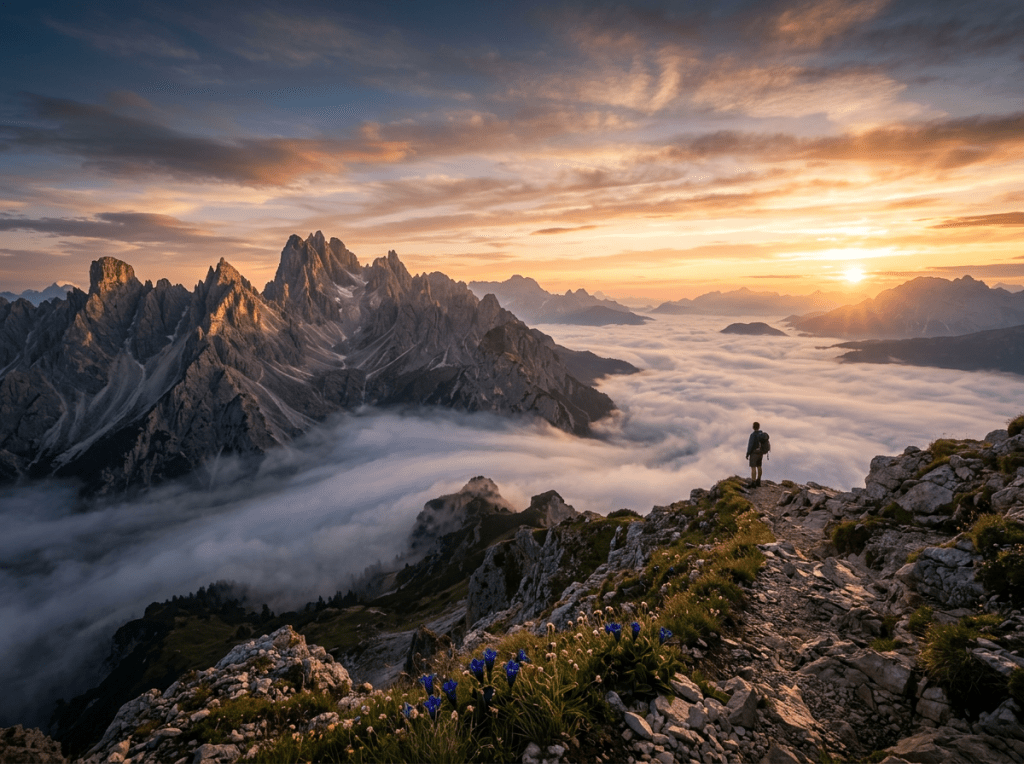 Hiker standing on rocky path overlooking fog-covered mountain range at sunset